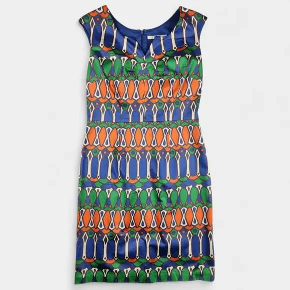 Boden Dress Womens 10R Blue Orange Green Geometric Print Sleeveless Sheath Lined - Picture 1 of 15
